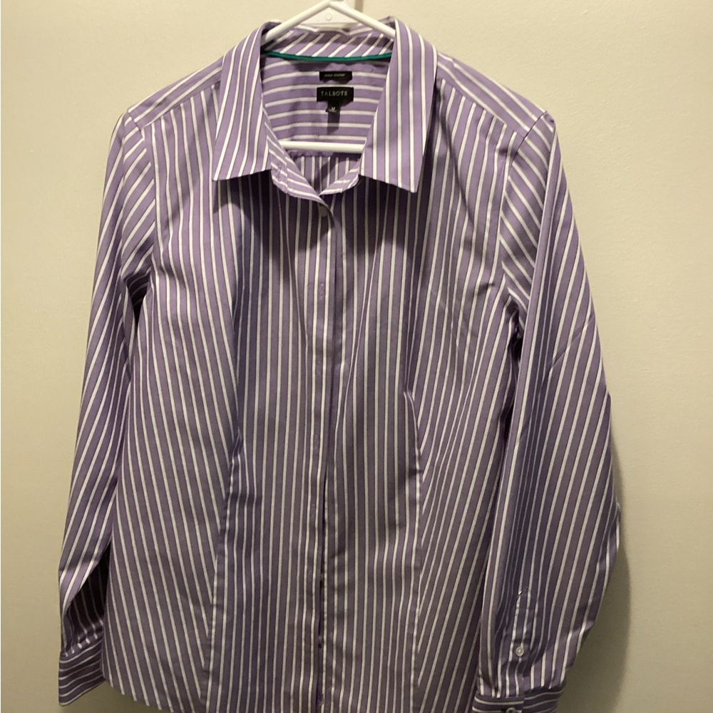 Talbots Purple/WhiteStripe Blouse Sz 12 button front, long sleeve Cotton Spandex